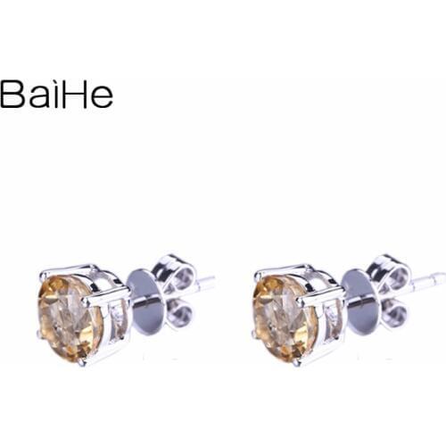 BAIHE 6mm Round Natural Citrine earrings solid 10k white gold earrings women engagement wedding earrings fine jewelry elegant