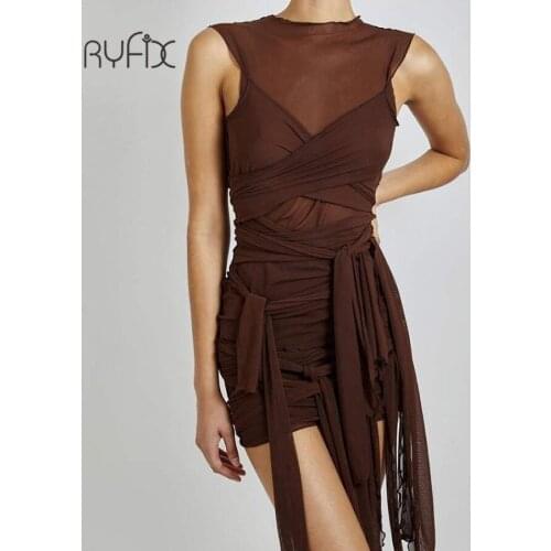 Ribbons Mesh See Through Bodycon Party Dresses Women Sexy Clubwear Mini Dress 2021 Summer Solid Sleeveless Basic Female Outfits