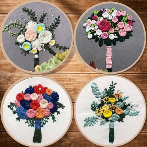 Pretty DIY Embroidery Kit for Starter Bouquet Flowers Printed Fabric Sewing Craft Material Bag Needlework Tools Cross Stitch Set