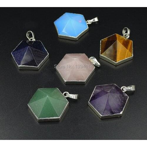 Mixed Stones Blue Sand / Tiger Eye / Pink Quartz Hexagon Point Pendants Of Silve r Cladding Approx 25*25 mm
