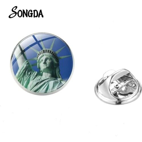 Statue of Liberty Brooch Glass Cabochon Dome Stainless Steel Pin Badge Bag Clothes Decoration Handmade Jewelry Gift Women