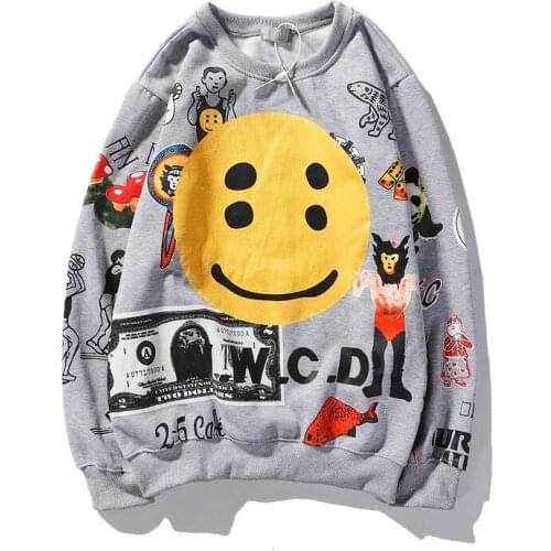 KANYE Smiley Face Gray Print Round Neck Sweatshirt Women Velvet Y2K 3D Foam Multi-Element Pullover Hoodie Hip Hop