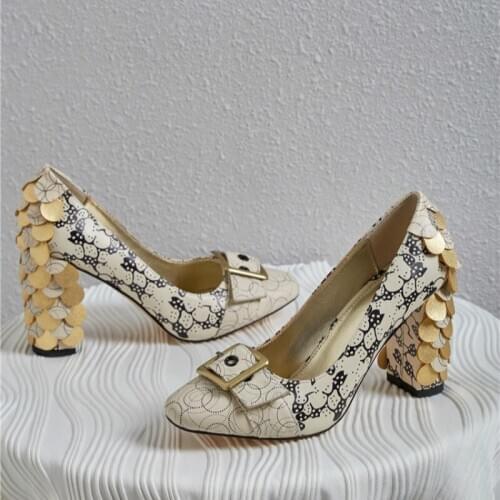 Retro Print Women Chunky High Heels Pumps Fish-Scale Buckle Ladies Girl Casual Wedding Shoes Shallow Slip On Tacones Mujer
