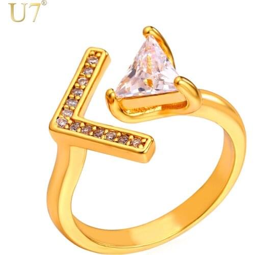 U7 New V-Shaped Triangle Cubic Zirconia Opening Cuff Rings For Women Jewelry Gold Color Trendy Wedding Ring Wholesale R439