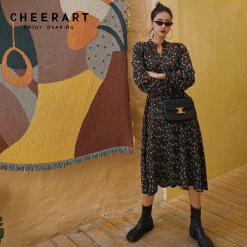 CHEERART Vintage Floral Long Sleeve Midi Dress Fall 2021 Womens Fashion Black A Line Long Ladies Korean Dress Autumn Clothing