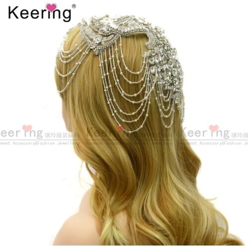 Luxury Silver Rhinestone Glass Beads Tassel Patches For Muslim Head Accessories Women Dress WDP-328