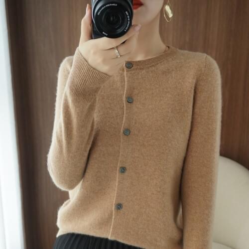 100% Pure Wool Cardigan 2021 Spring and Autumn New Cashmere Sweater Woman O-Neck Cardigan Warm Knitted Base Sweater