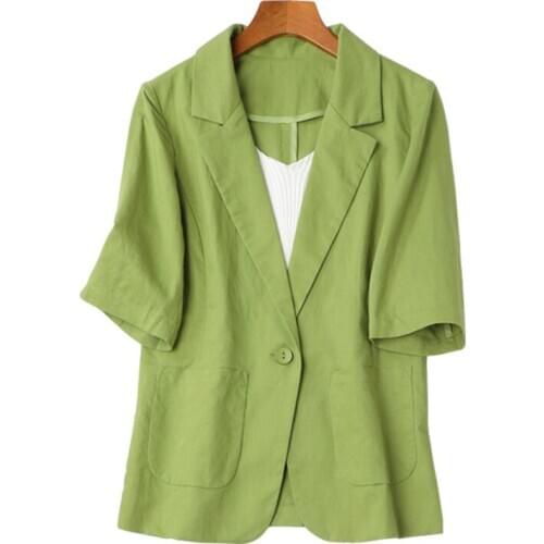 Womens linen suit jacket spring and summer womens suit short-sleeved cotton and linen all-match short jacket thin women blazer