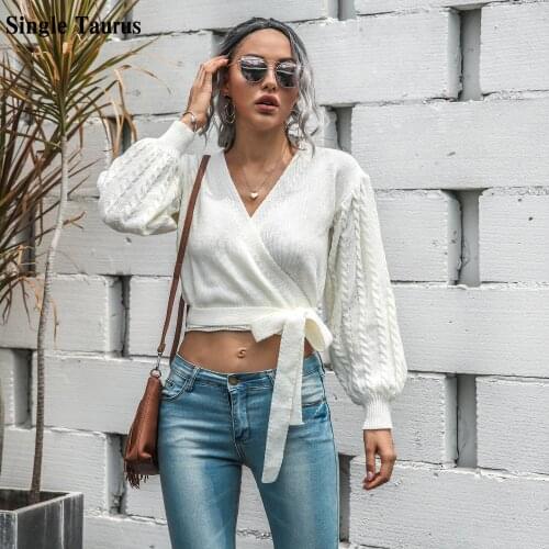 2020 Autumn Winter Female Sweaters V Neck Lantern Sleeve Knit Tops Fashion Fall Casual Knitted Sweater Tie Front Crop Top Women