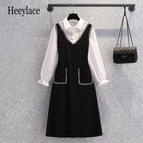 Plus Size Office Ladies Elegant Long Sleeve Patchwork Fake Two Pieces Dresses 4XL Korean Casual Polo Collar High Waist Vestidos