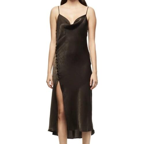 2021 Women Vintage Button Pleated Midi Dress Fashion V Neck Sleeveless Spaghetti Strap Female Sexy & Club Dresses Mujer