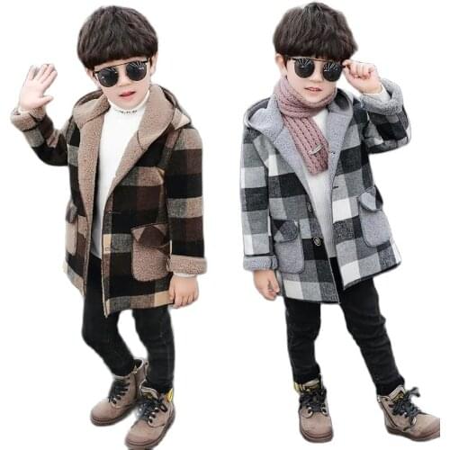 Winter Polyester Boy Woolen Coat New Korean Version Hooded Snowsuit Lattice Letter Mid-Length Jacket Fashion Childrens Overcoat