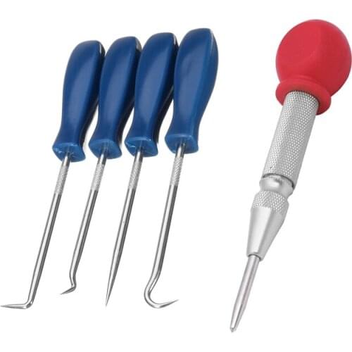 5 Pcs Tools: 4Pcs Pick and Hook Set O Ring Oil Seal Gasket Puller Remover & 1Pcs HSS Center Punch Stator Punching Pin