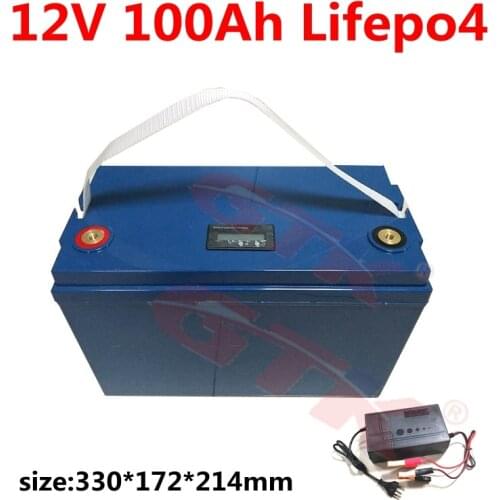 Deep cycle high capacity waterproof LCD display rechargeable Battery 12V 100Ah litfepo4 battery with BMS +14.6V 10A charger
