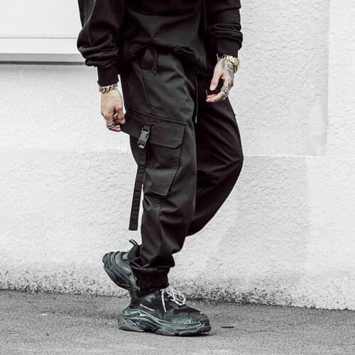 Nice Pop Mens Multi-pocket Harem Cargo Pant Men Streetwear Punk Cargo Pant Hip Hop Casual Trousers Joggers Male Black Pant