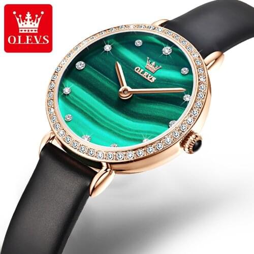 OLEVS Top Style Fashion Womens Watch Luxury Leather Band Green Quartz WristWatch Ladies Watch Women Wristwatch Relogio Mujer