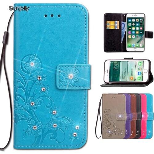 Sunjolly Case for iPhone 11 Pro Max PU Leather Case Grass Rhinestone Flip Wallet Cover coque for iPhone Xs Max X XR 8/7/6s Plus