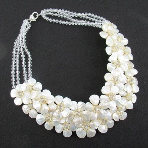 GuaiGuai Jewelry 18" Clear Crystal White Shell Flower Statement Necklace