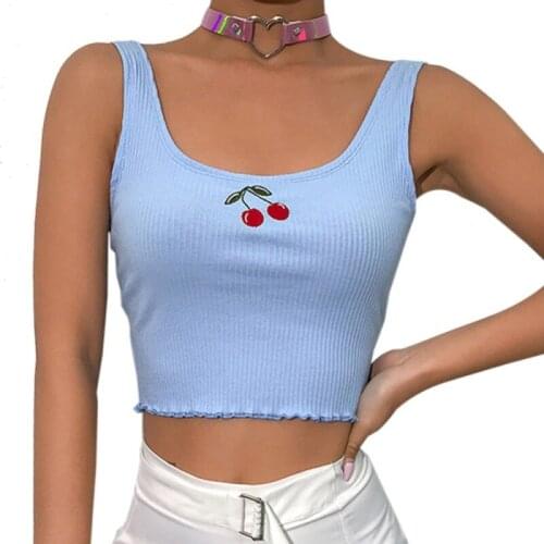 Cotton Ribbed Cherry Embroidery Tank Top Sweet Cropped Sleeveless Summer Top Vest 2021 New Crop Tops Clothing Tank Top Women