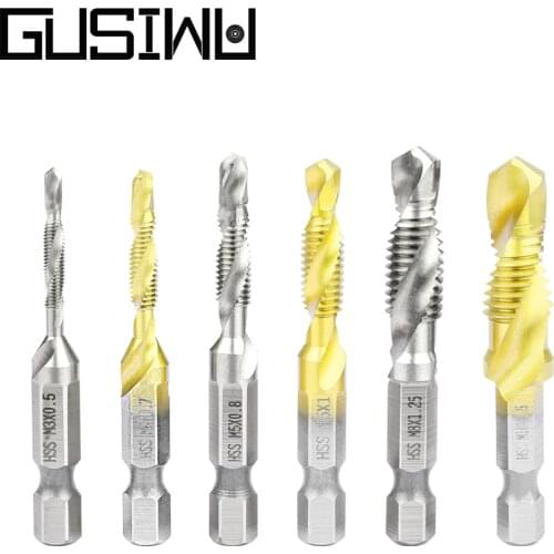 GUSIWU 6pcs Tap Drill set Titanium Plated High Speed Steel 1/4 HEX Shank Screw Thread Metric Tap Drill Compound Tap Drill