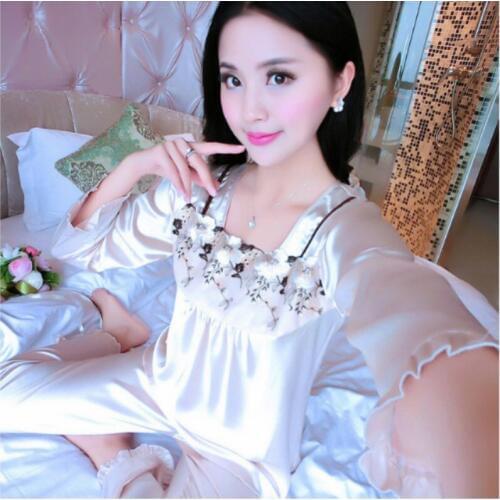 Girls New Sexy Long-sleeved Silk Pajamas Adult Summer Embroidery Sleepwear Female Silk Homewear Nightwear Clothes 2pcs B-6649
