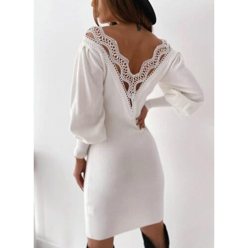 New Autumn Backless Lace Hollow Bodycon Dress Women Long Sleeve V-neck Plain Mini Dress Elegant Lady Slim Lantern Sleeve Dress