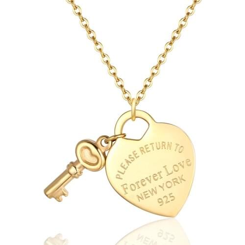 New Arrival Key And Forever Love Big Heart Necklace Pendant Stainless Steel High Quality Gold Colour Jewelry For Women Love Gift