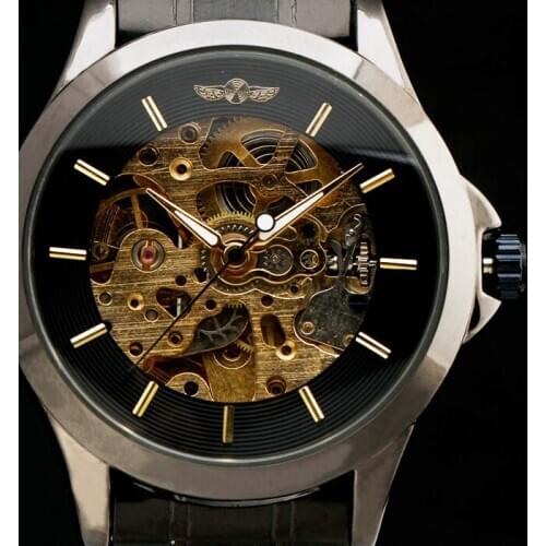 New WINNER Watches Luxury Men Full Black Steel Watch Steel Case Hollow Dial Bare Movement Mens Automatic Mechanical Wristwatch