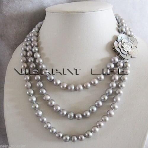 New Style Hot sale***17-20" 7-8mm Gray Freshwater Pearl Necklace Shell Clasp 3Row \Fashion Wedding Party Jewellery