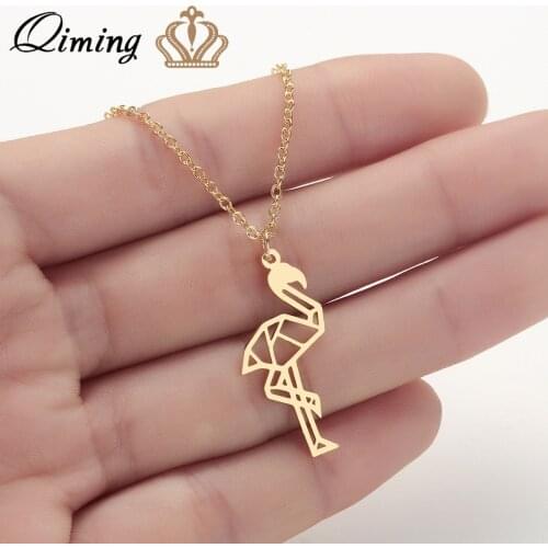 QIMING Origami Flamingo Necklace Women Ladies Stainless Steel Cute Animal Jewelry Necklaces & Pendants Bijoux Femme