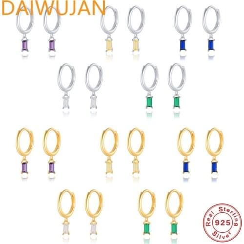 Real 925 Sterling Silver Colorful Zircon Women Hoop Earring Gold Silver Color Square Hanging Pendientes Round Earrings Jewelry