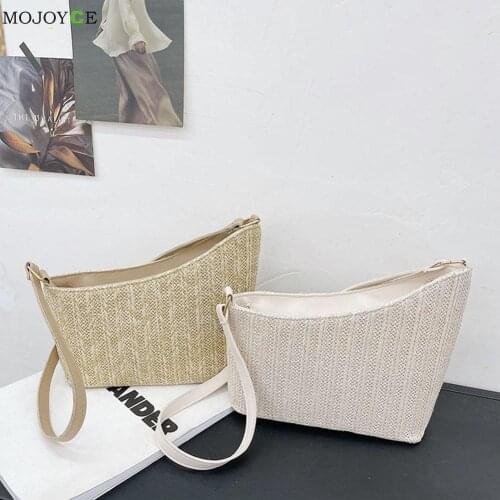 Shoulder Underarm Bags Ladies Soft Straw Embossing Solid Casual Small Totes Handbags with Zipper for Shopping
