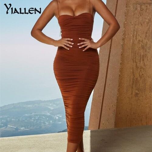 Yiallen Sexy Sleeveless Low Neck Midi Dress High Stretch Ruched Daily Outfit Kardashian Style Bodycon 2021 Party Club Long Dress