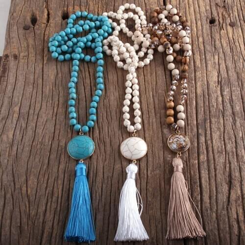 RH Fashion Boho Jewelry Stones Long Knotted Semi Precious Stone Tassel Necklaces Dropship