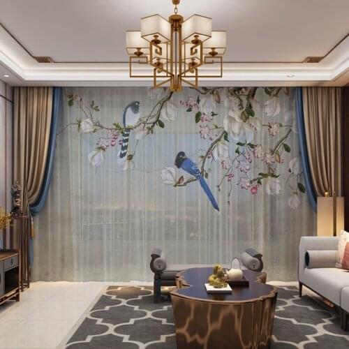 Birds 3D Photo Printed Customized Tulle Drape Panel Sheer Curtain for Living Room Bedroom Vintage Chiffon Voil Plants