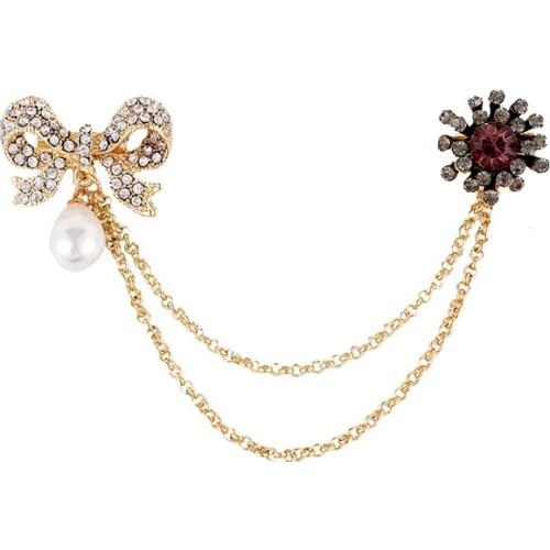 Morkopela Women Coloth Accessories Gold Bowknot Pearl Brooch with Chain Crycal Bowknot Flower Pins Brooches Bouquet Clothes Gift