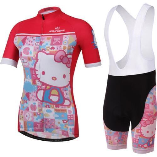 XINTOWN Cycling Jerseys Women Cartoon KT Cat Printed Summer Riding Jerseys Riding Clothing Set Outdoor Breathable Sportswear
