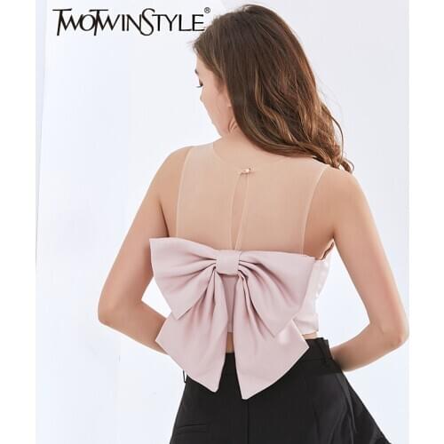 TWOTWINSTYLE White Patchwork Bowknot Shirt For Women O Neck Sleeveless Sexy Party Slim Short Tops Female Fashion New Summer Tide