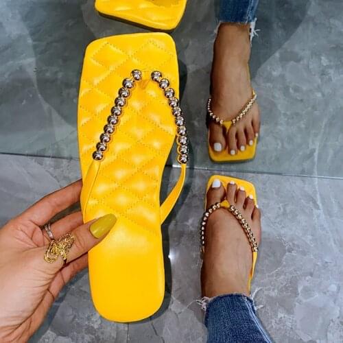 Large Size Solid Color Womens Flip Flops Flat-bottomed New Beaded Summer Shoes Woman Fashion Square Toe Ladies Slippers