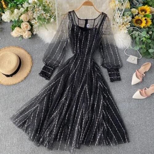Women Puff Lantern Sleeve Pleated Mesh Gauze Tulle Ruffles Dress New Elastic Bling Sequined Lace Flower Bandage Strap Midi Dress