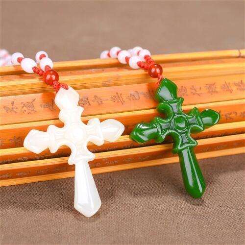 1PC Fashion Chinese Green Jade Cross Pendant Necklace Hand Carved Charm Jadeite Natural Jewelry Amulet for Men Women Gifts White