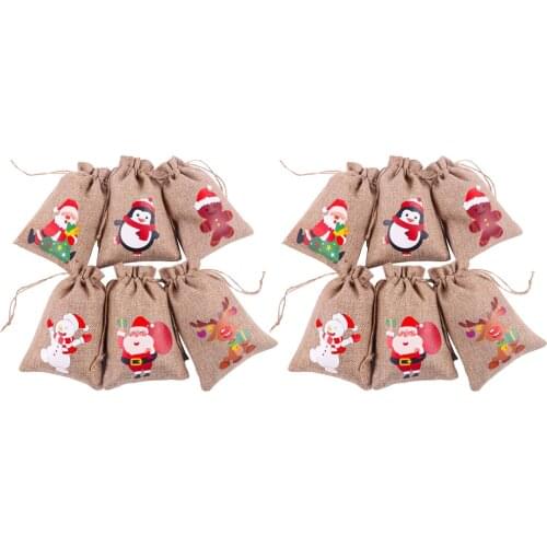 12pc Christmas Linen Bags with Drawstrings Christmas Burlap Goody Gift Bags, 6 Designs Snowman, Santa Claus and Elk