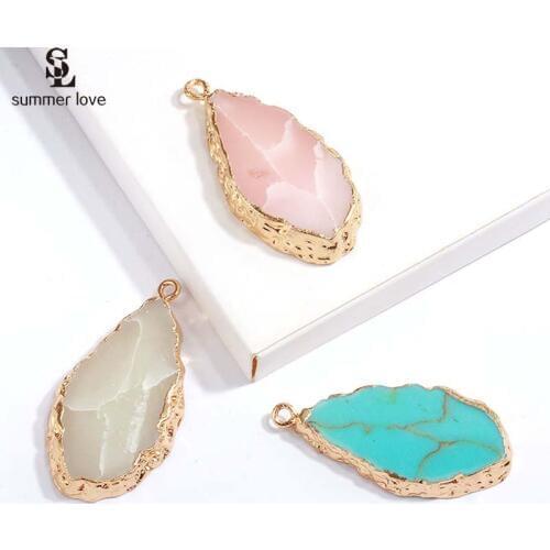 2020 New Gold Meatl Natural Stone Charm Fit Earrings Necklaces 5pcs Wholesale Fashion Pink Green Pendant for Diy Jewelry Making