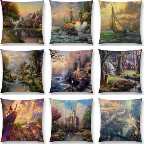 American Countryside Fields Gardens Scenery Art Oil Painting Beautiful Fairy Tale Gorgeous Cushion Cover Sofa Throw Pillow Case