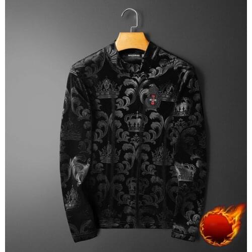 Velvet Thickened Turtleneck T Shirt Homme Black Poleron Hombre Plant Print Velvet T Shirt Men Casual Sweatshirt Men Clothing