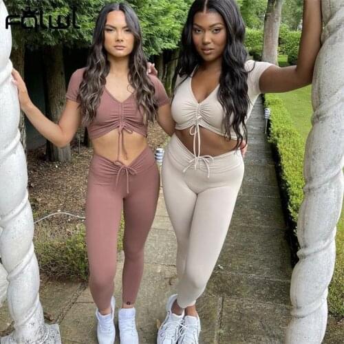 FQLWL Summer Sexy 2 Two Piece Pants Sets Suits Tracksuit Women Outfits Crop Tops Joggers Women 2021 Blue Leggings Matching Sets