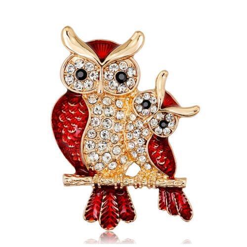 HC Delicate Red Enamel Pins Rhinestone Parent-child Owl Brooch Animal Brooches Women Clothes Scarf Buckle Collar Jewelry Pins F