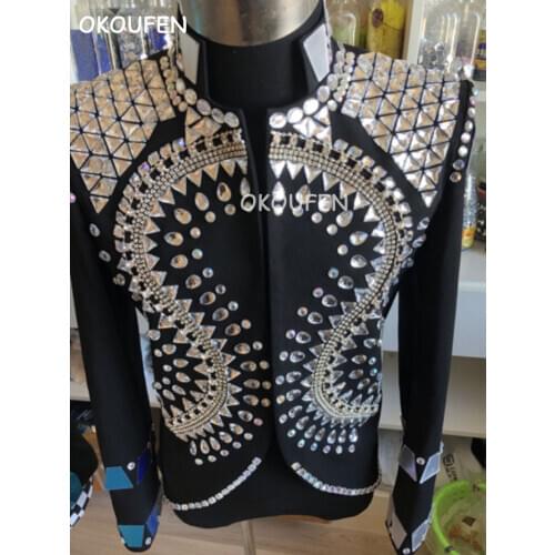 Customized Handmade Crystal Rhinestone Mirror Suit Jacket Men Royal Coat Stage show Party dress nightclub singer ds costumes