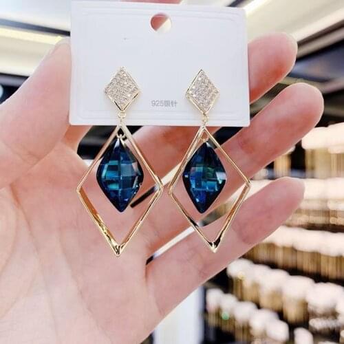 Exquisite geometric pendant hollow womens earrings with blue gems Fashion Simple Women jewelry 2021 trend Hanging earrings