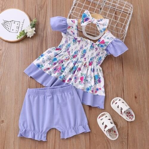 New Baby Girl Outfit Baby Sets 3 Pcs Patchwork Color Print Flying Sleeve Tops+short Pants+headband Toddler Baby Clothes 0-18M